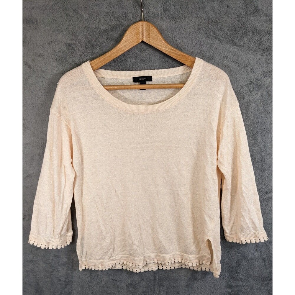 J. Crew 100% Linen Sweater Knit Top Pom Pom Trim Sz S 3/4 Sleeve Peach